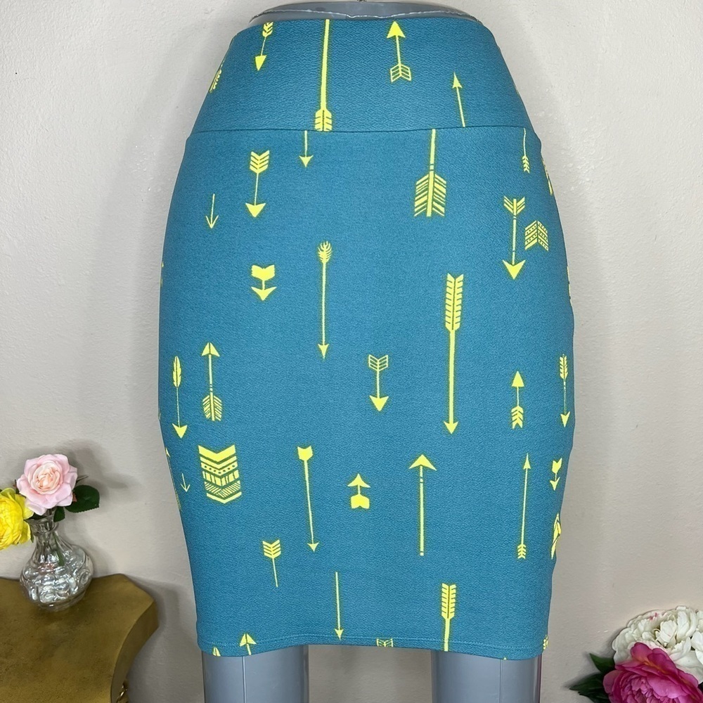 XS LuLaRoe Teal & Yellow Arrow Print Pencil Skirt Stretch Extra Small 0 2